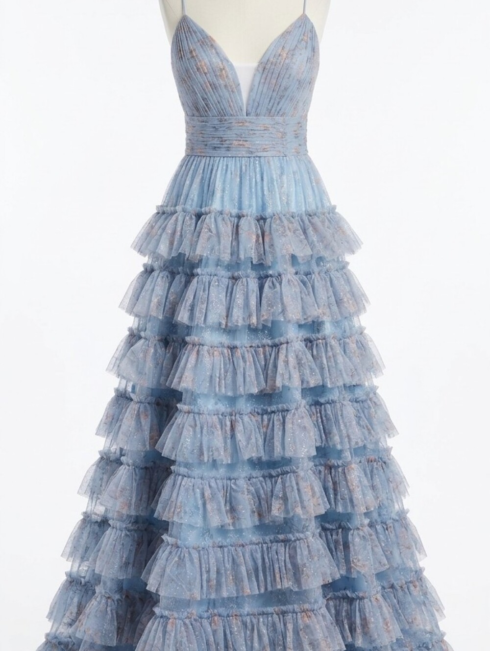 Jovani Dusty Blue Floral Sparkle Spaghetti-Strap Gown - Picture 1 of 11